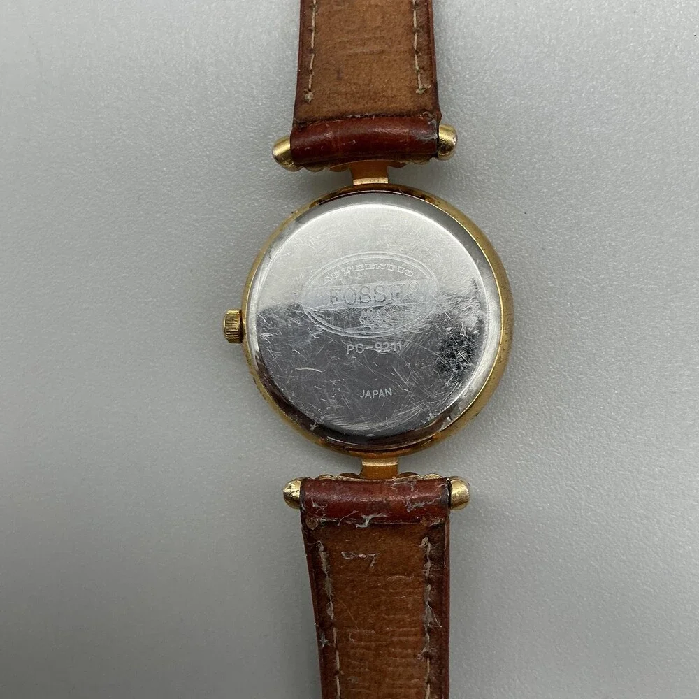 Vintage Fossil PC-9211 Womens Watch 27mm MOP Rivoli Brown Leather New Battery